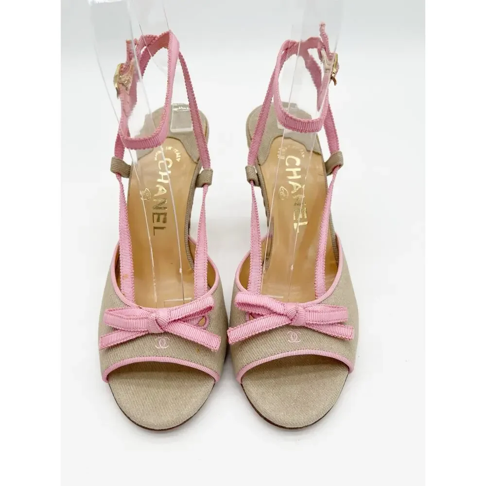 Chanel Vintage Beige Canvas Pink Grosgrain CC Bow Strappy Sandals Heels EU 36